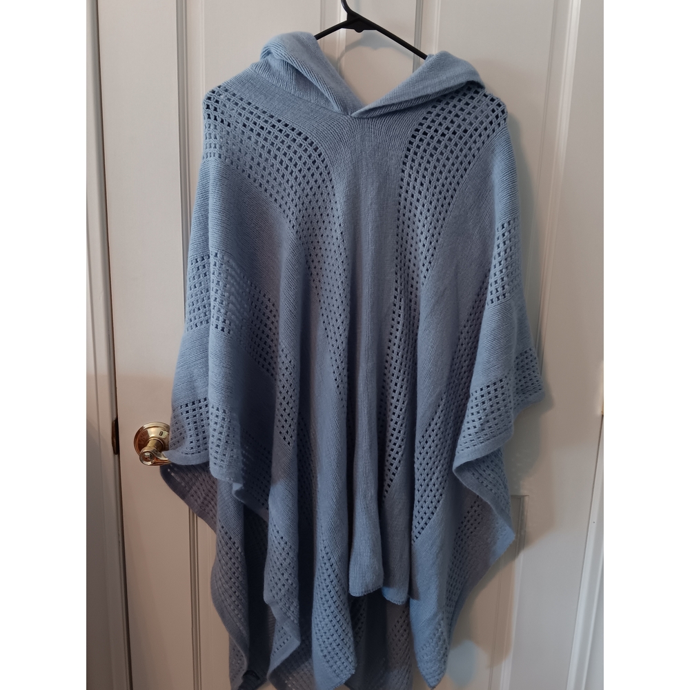 Blue Hooded Knit Poncho